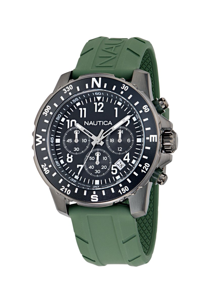 Nautica Riding Sail Quartz Analoog Horloge Groen Kast: 100% Roestvrij Staal | Armband: 100% Siliconen 45 mm NAPRSS601, NAPRSS603, NAPRSS604, NAPRSS605