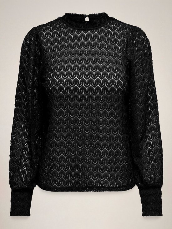 Zwarte kanten blouse met pofmouwen, hoge hals en getextureerd patroon.