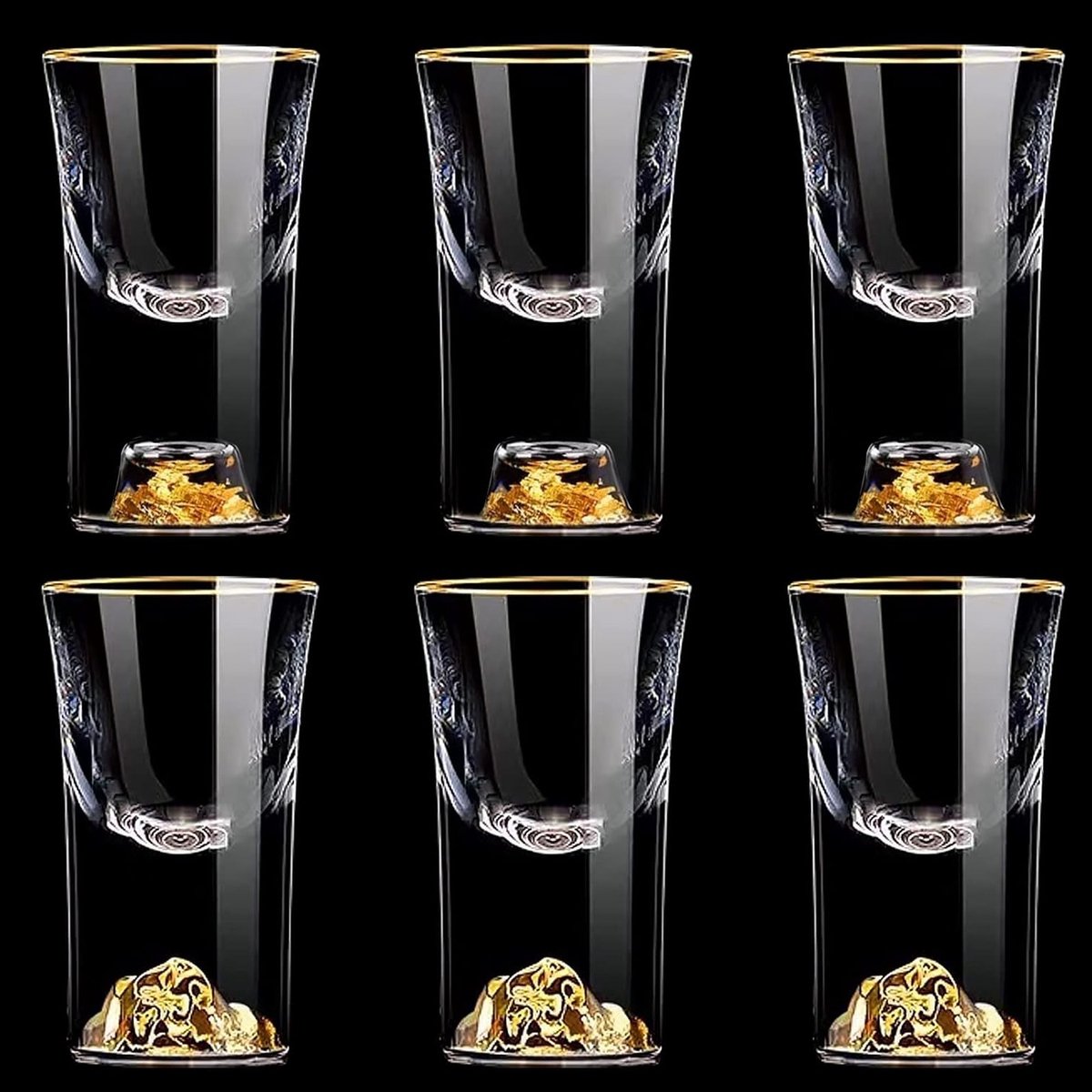 Set van 6 Creatieve Stamperglazen met Gouden Onderaan, Ideaal voor Feesten, Geschikt voor Grappa, Cognac en Vodka, Vaatwasserbestendig en Uniek Design