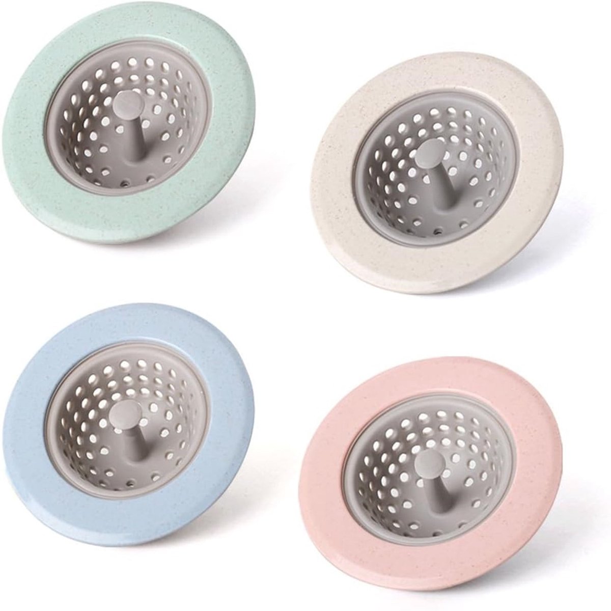 Vier siliconen gootsteenfilters met brede rand en een diameter van 4,5 inch.
