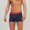 Navy blauwe boxershorts van Jack & Jones met een oranje tailleband met tekst.