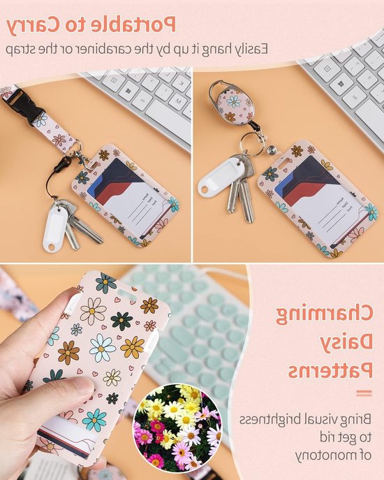 Sliding Badge Holder met Bloemenpatroon - Plastic Houder met Retractable Reel, Carabiner Clip en Verwijderbare Koord voor Ziekenhuispersoneel en Onderwijzers (2 Stuks) van Merkloos — afbeelding 3