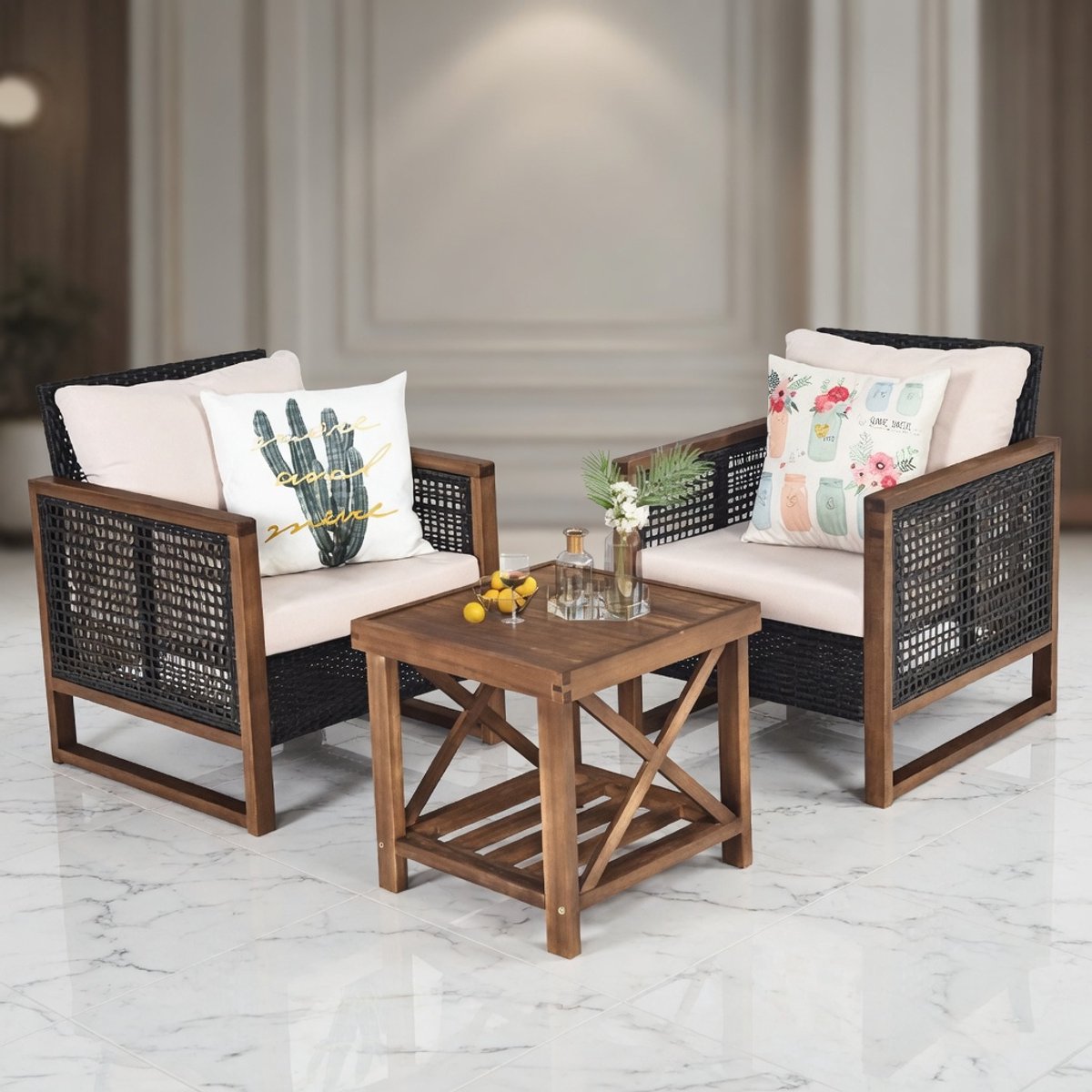 3-delige Luxe Polyrotan Tuinmeubelset met Acaciahouten Frame – Weerbestendige Loungeset met 2 Stoelen en Bijzettafel – Terras-, Balkon- en Tuinset in Retro Design – MedaHomeStore