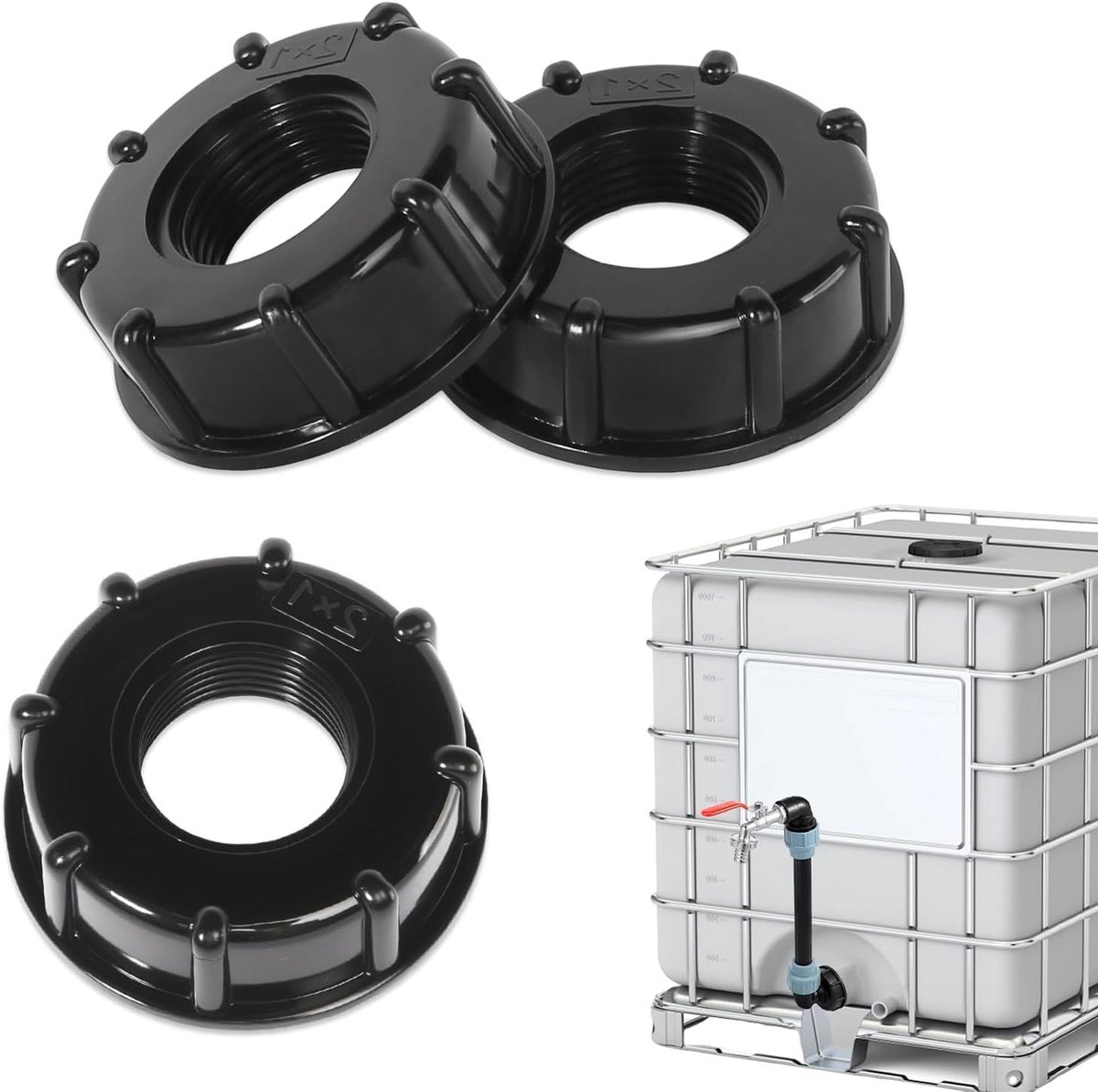Adapterkap voor IBC-tank, 4 stuks, deksel en afvoerkraan, geschikt voor 1000 liter waterreservoir, S60 x 6, accessoires voor wateropslag en -afvoer, zwart