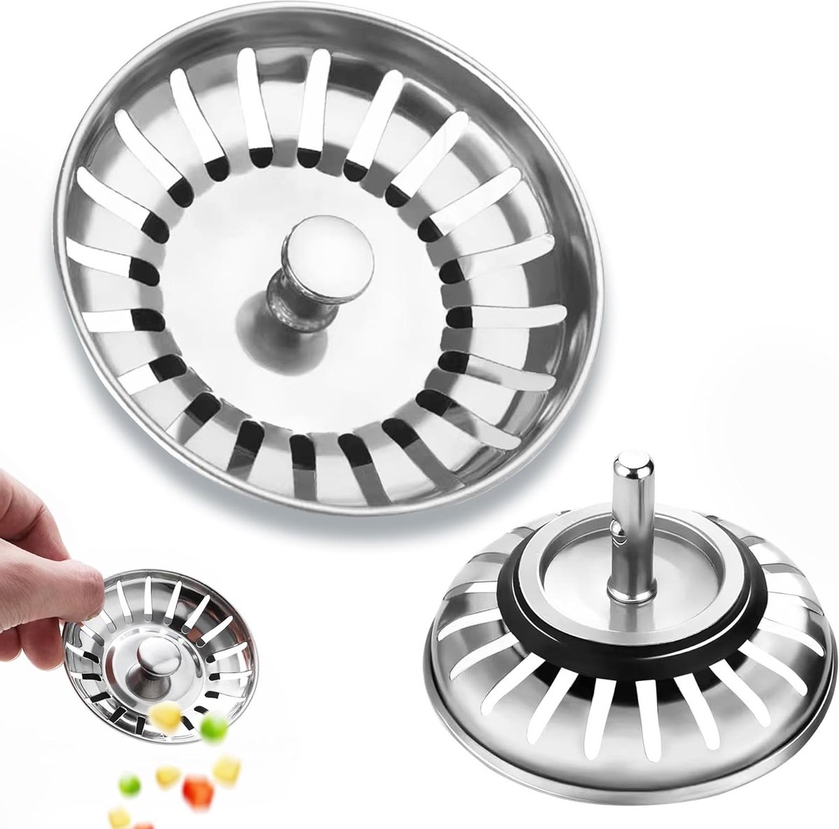 Keukenafvoerfilter Set van 2, RVS Afvoerzeef voor Keuken en Badkamer, Voorkomt Verstoppingen en Geurtjes, Diameter 8 cm