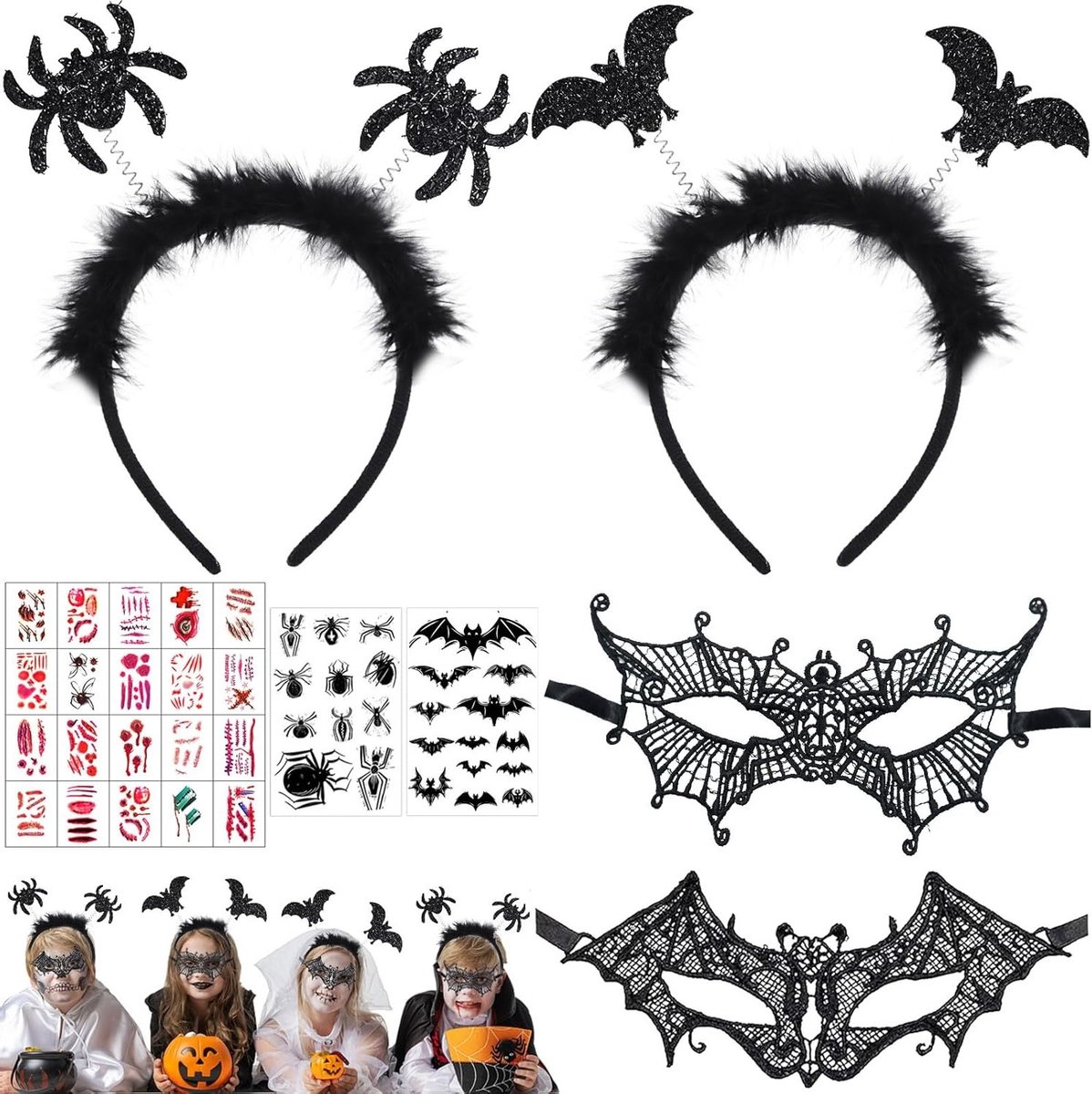 Halloween kostuum accessoires met spinnenhaarband, vleermuis oogmasker en tattoostickers voor feesten en cosplay