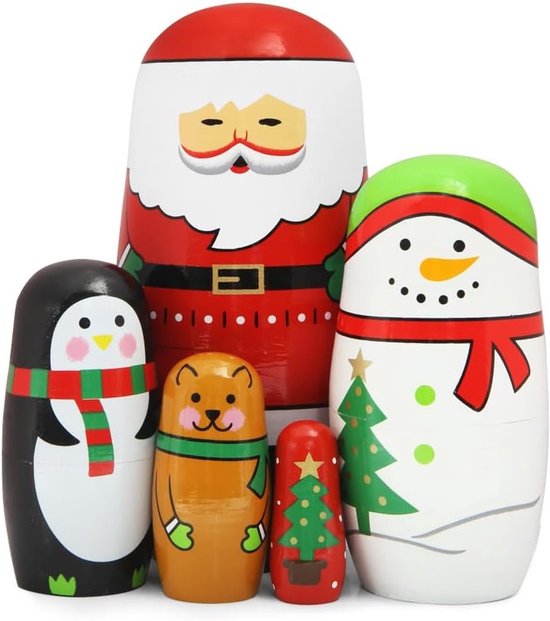 Foto: Set van 5 russische matroesjka houten poppen met kerstdieren kerstman sneeuwman pingu n beer en boom voor kinderen feestdagen of verjaardag