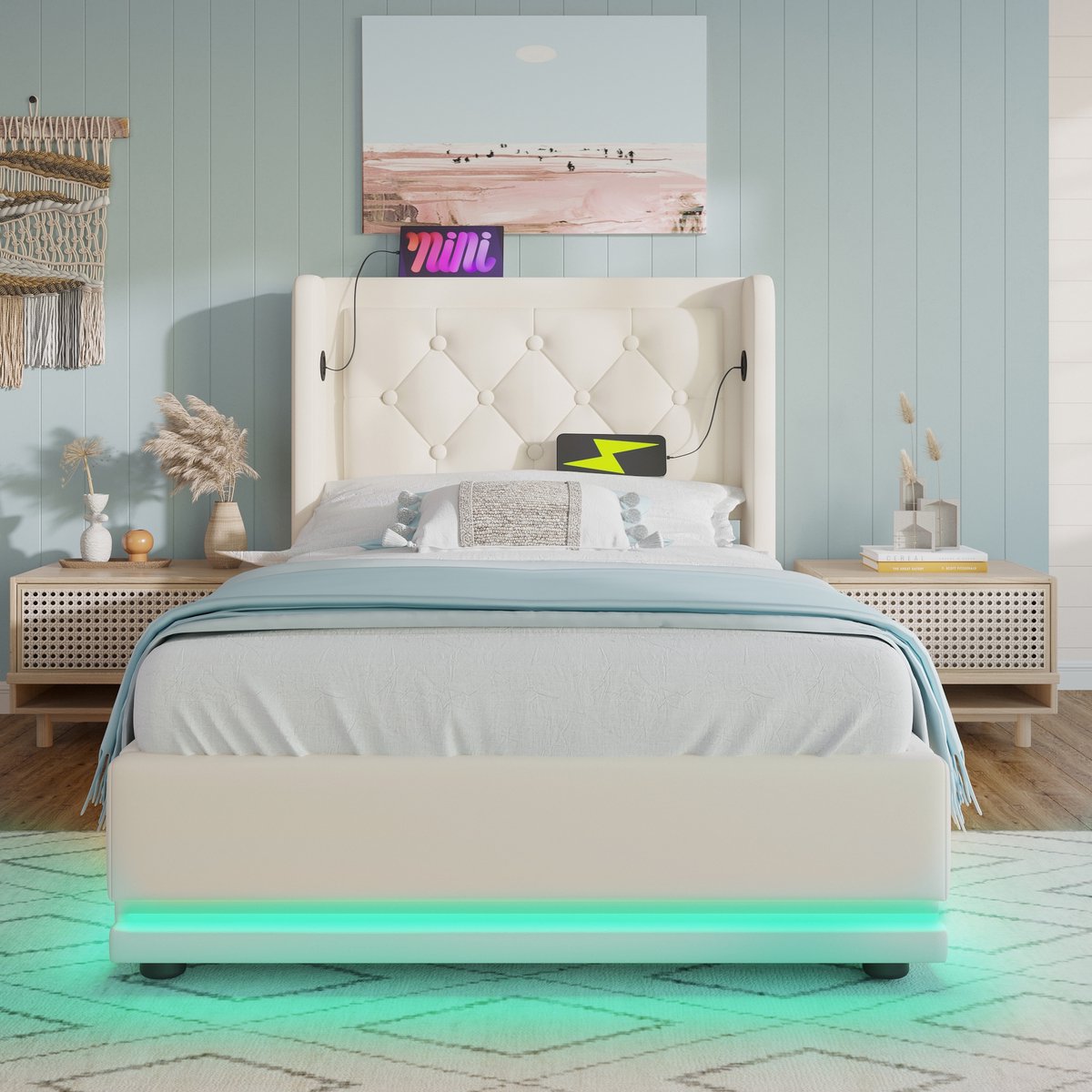 VVBV Bed met opbergruimte 90x200 / Eenpersoonsbed 90x200 – met Hydraulische Opbergruimte, LED-Verlichting, USB, USB-C – Hoofdbord – Wit – Zonder Matras