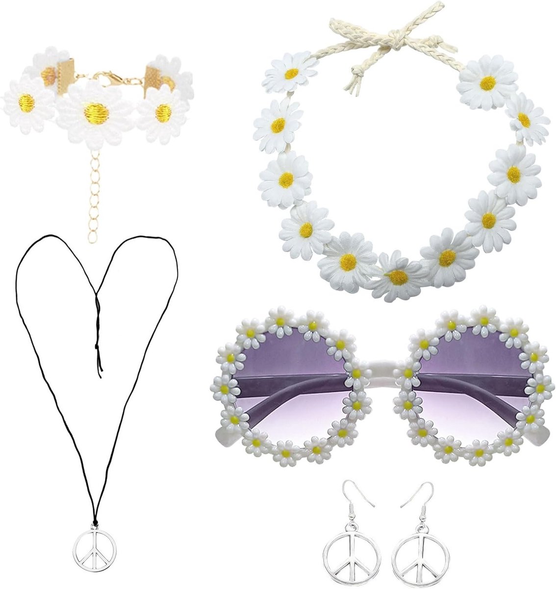 Hippie Kostuum Set voor Feestjes met Daisy Hoofdband, Vrede Sieraden en Retro Zonnebril - Perfect voor 60's en 70's Themafeestjes