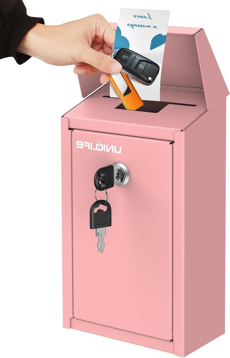 Veilige Donatiebox voor Buiten, Roze Metalen Collectiebak met Sleutelslot, Muurbevestiging, Ideaal voor Thuis en Kantoor, Geschikt voor Geld en Suggesties