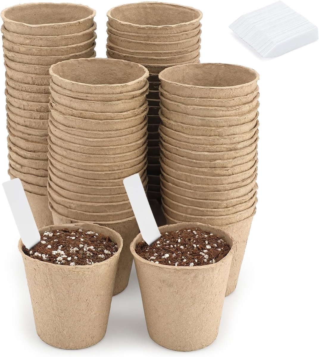 Biologisch afbreekbare kleine plantpotten van 6 cm, 100 stuks, composteerbare bloempotten voor groenten, fruit en kruiden met 100 plantlabels