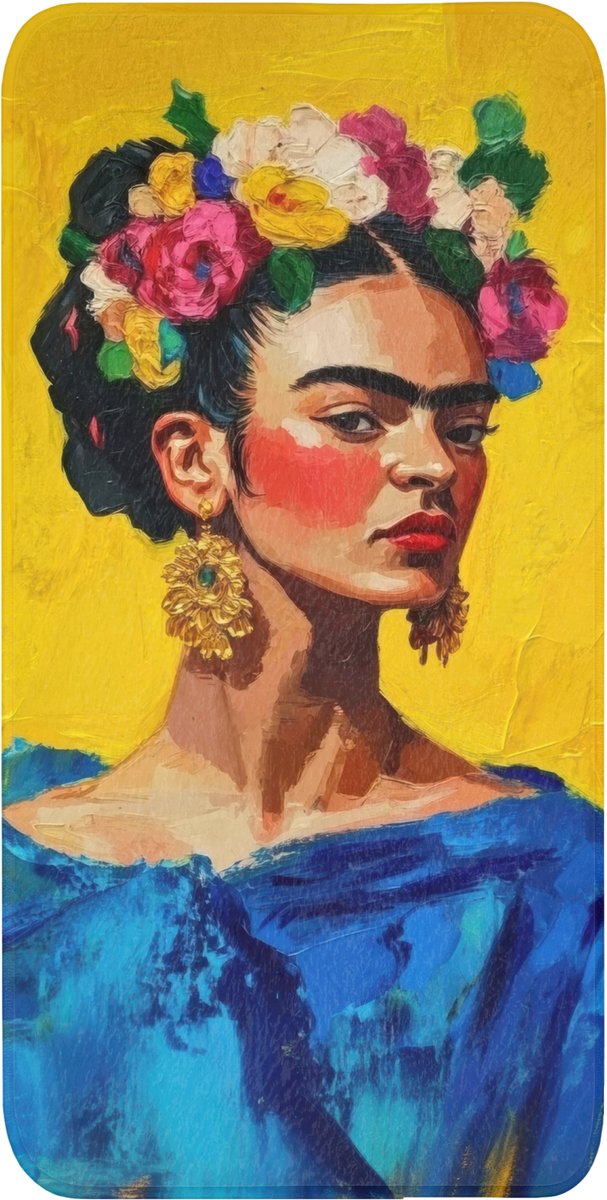Badmat 60x120 cm - Antislip - Frida Kahlo - Vrouw - Geel - Blauw - Bloemen - Badmatten voor badkamer - Badkamermat - Douchemat - Badkamer mat