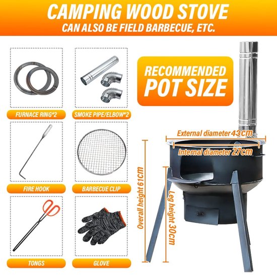 Allecto - Tent Stove - Portable Wood Stove - Ideaal voor Kamperen - 43 cm + 3 Kookplaten - Geschikt voor Buitenactiviteiten - Perfect voor Barbecue — afbeelding 3