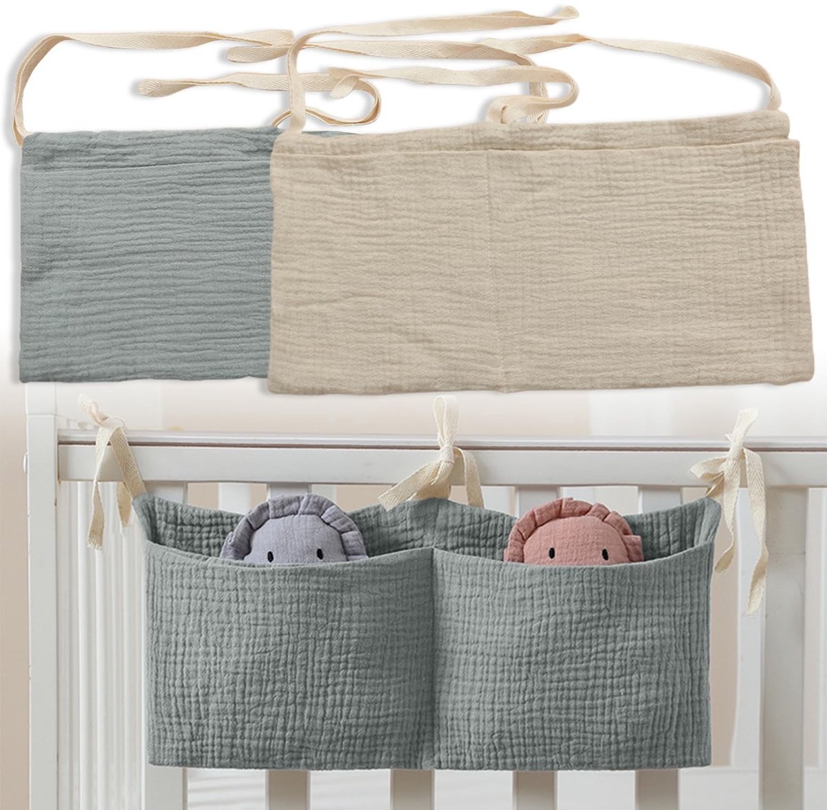 aladdien - Hangende babybedorganizer - Opbergtas - Verstelbare organizer - Grijs + melkwit - Multifunctionele opbergtas - Geschikt voor kinderkamer ..