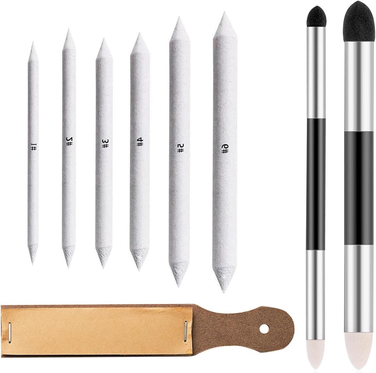 Set van 9 spons-gummetjes met mengstift, papierwisser en schuurpapierblok voor tekenen en artistieke projecten