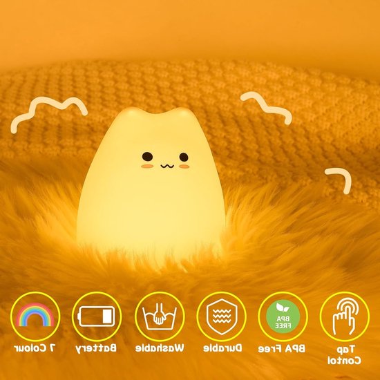 Nachtlampje Kinderen - Kinder Nachtlampje - Siliconen Nachtlamp - Nachtlampje baby - Kat Lamp Kawaii - LED Nachtlampje - 7 Kleuren - Batterij Nachtlamp - Zacht Licht van LumiPets — afbeelding 3