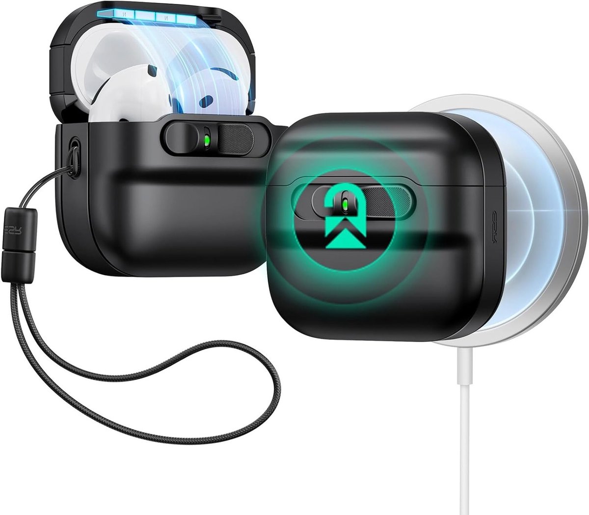 Beschermende Oplaadcase voor AirPods 4 Gen (2024) met MagSafe, USB-C en Magnetische Sluiting - Zwart, Schokbestendig en Inclusief Polsbandje