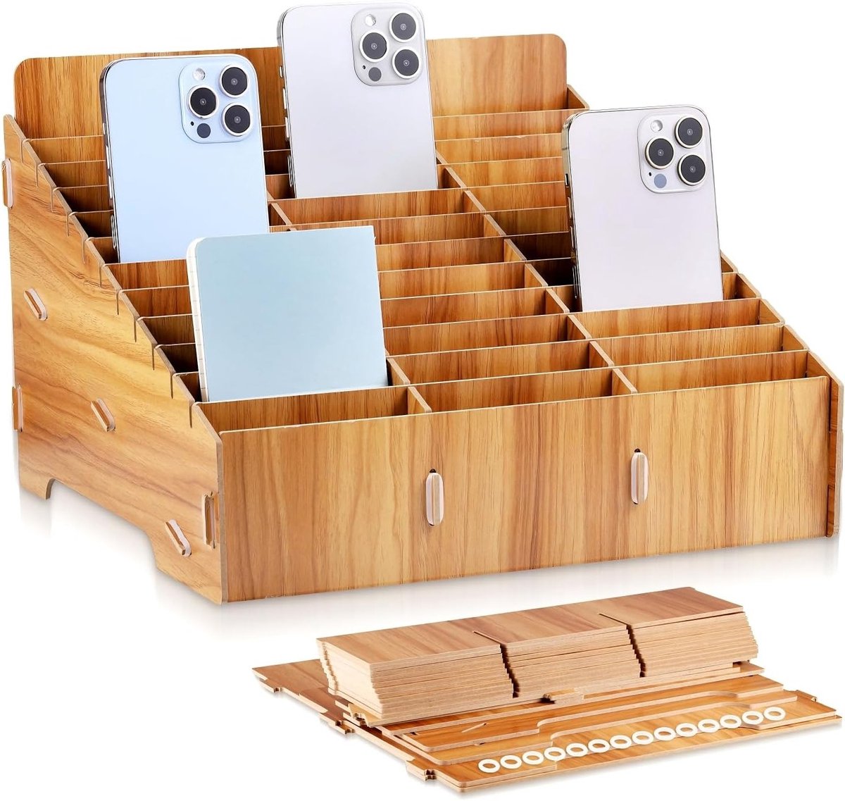 Houten Opbergdoos voor Mobiele Telefoons met 36 Compartimenten, Ideaal voor Kantoor, School en Organisatie
