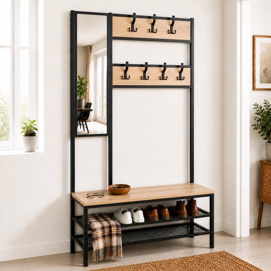 TUUSO Industrieel Hallstand - Kapstok, Bankje, Schoenenrek & Spiegel - Eiken Houtlook & Zwart Metaal - 98x185cm