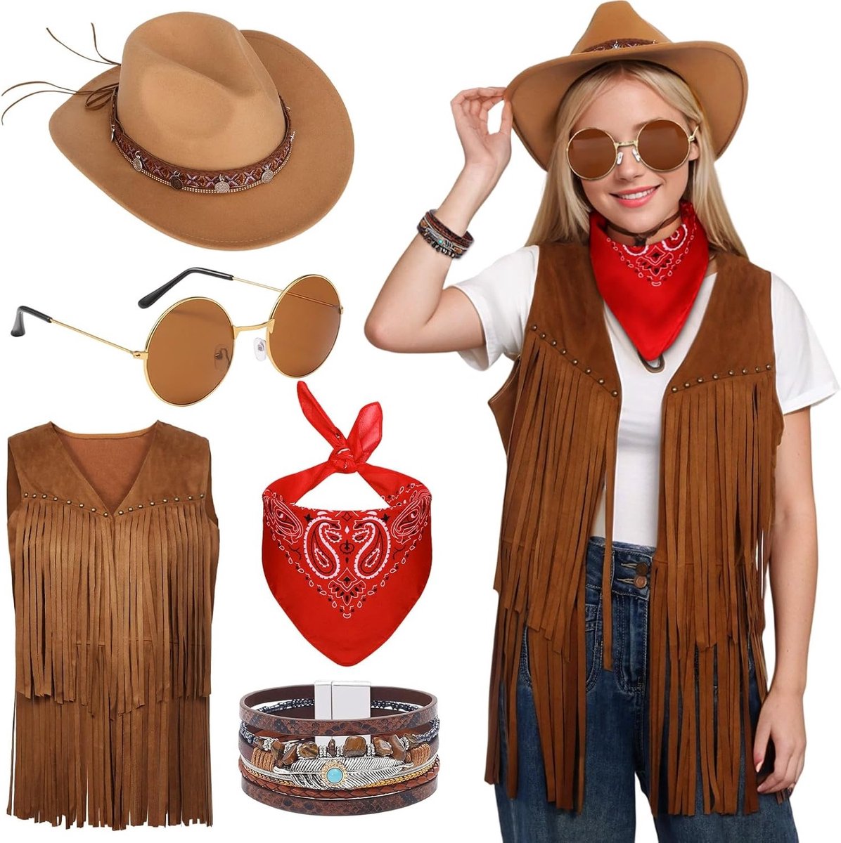 Hippie Kostuum Set voor Vrouwen met Cowgirl Vest, Cowboy Hoed, Neckerchief en Accessoires voor 60s en 70s Themafeest, Carnaval en Festivals