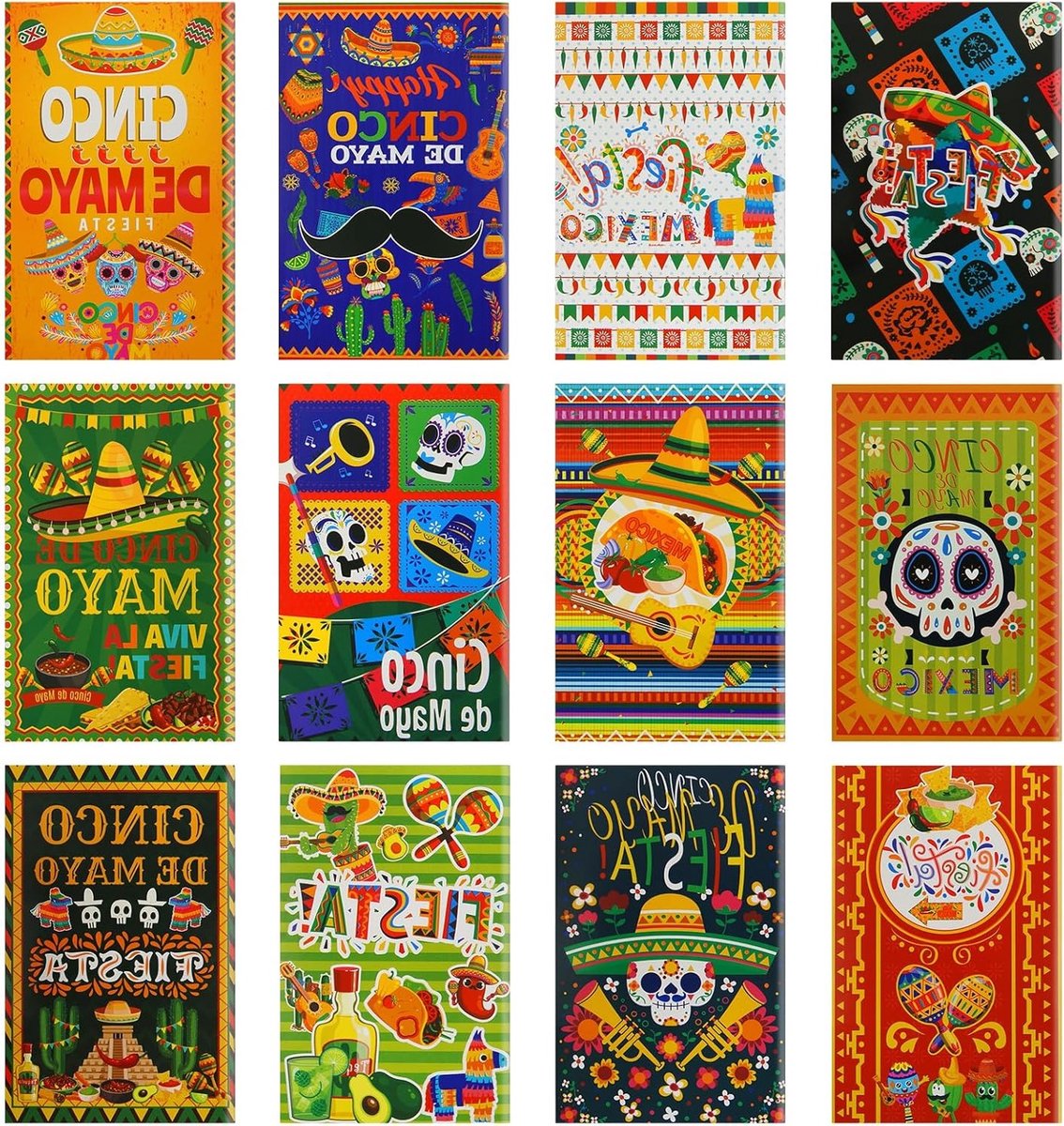 Kleurrijke notitieblokken voor Cinco de Mayo, 12 stuks met sombreros, suikerschedels en maracas, perfect voor feesten en evenementen, 3.15 x 4.92 inches / 8x12.5cm mini journal en memo pads