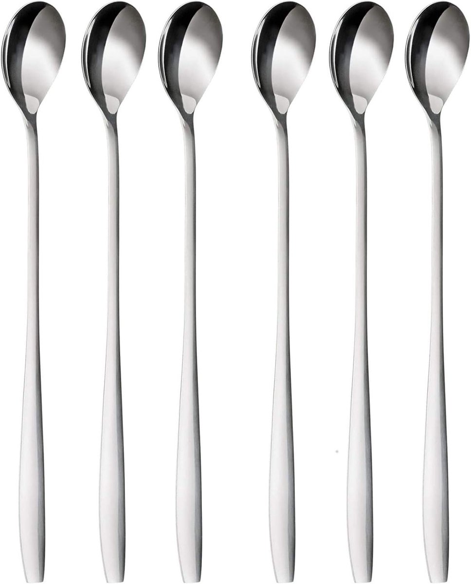 Set van 6 Latte Macchiato Lepels 22 cm - Lange Lepels voor Cocktails en Desserts, Roestvrijstaal, Vaatwasserbestendig en Elegant Design