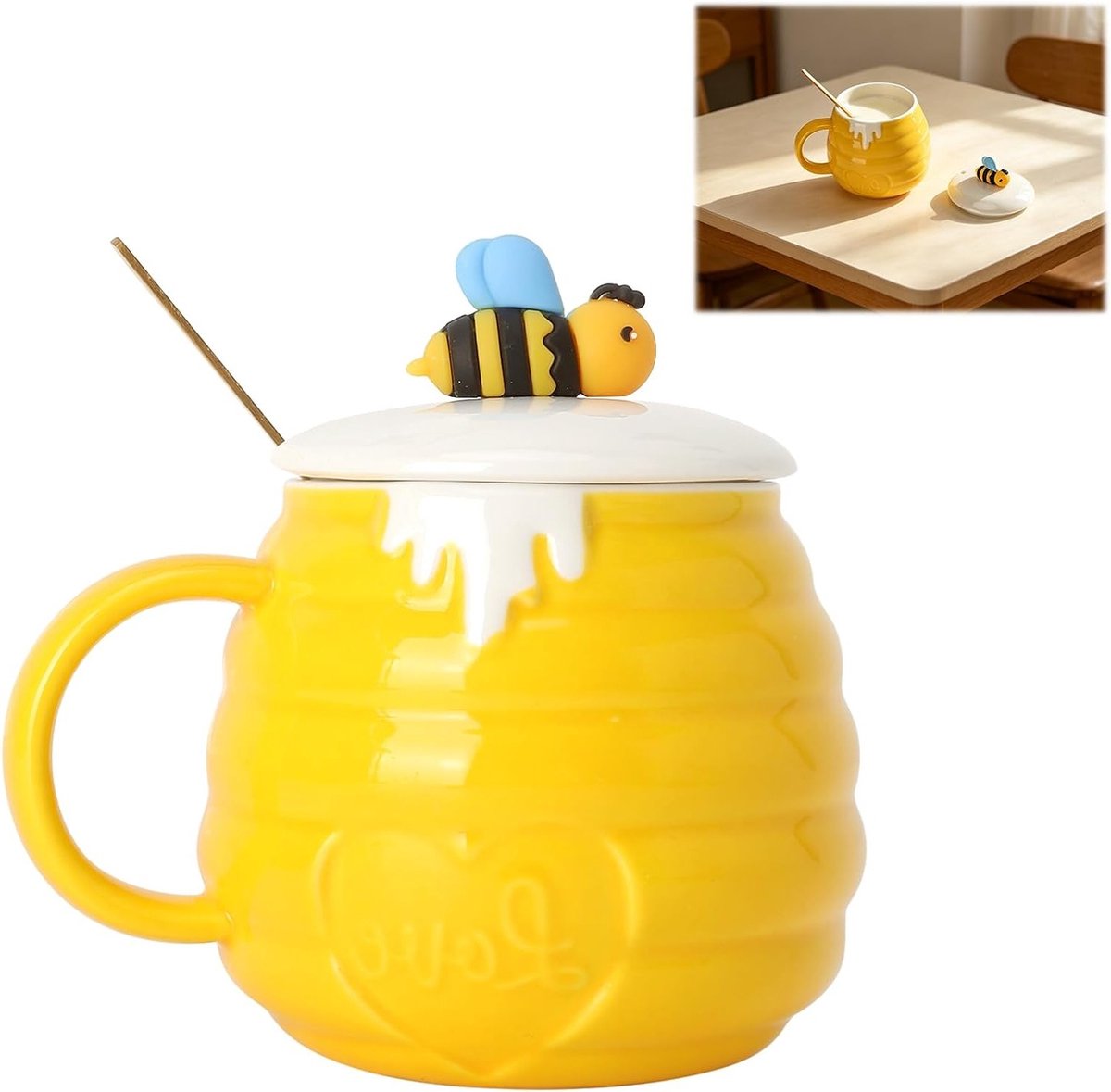 Schattige keramische koffiemok 400 ml in geel met deksel en lepel, ideale bureaumok voor melk en cacao, perfect cadeaumok voor vrouwen en meisjes