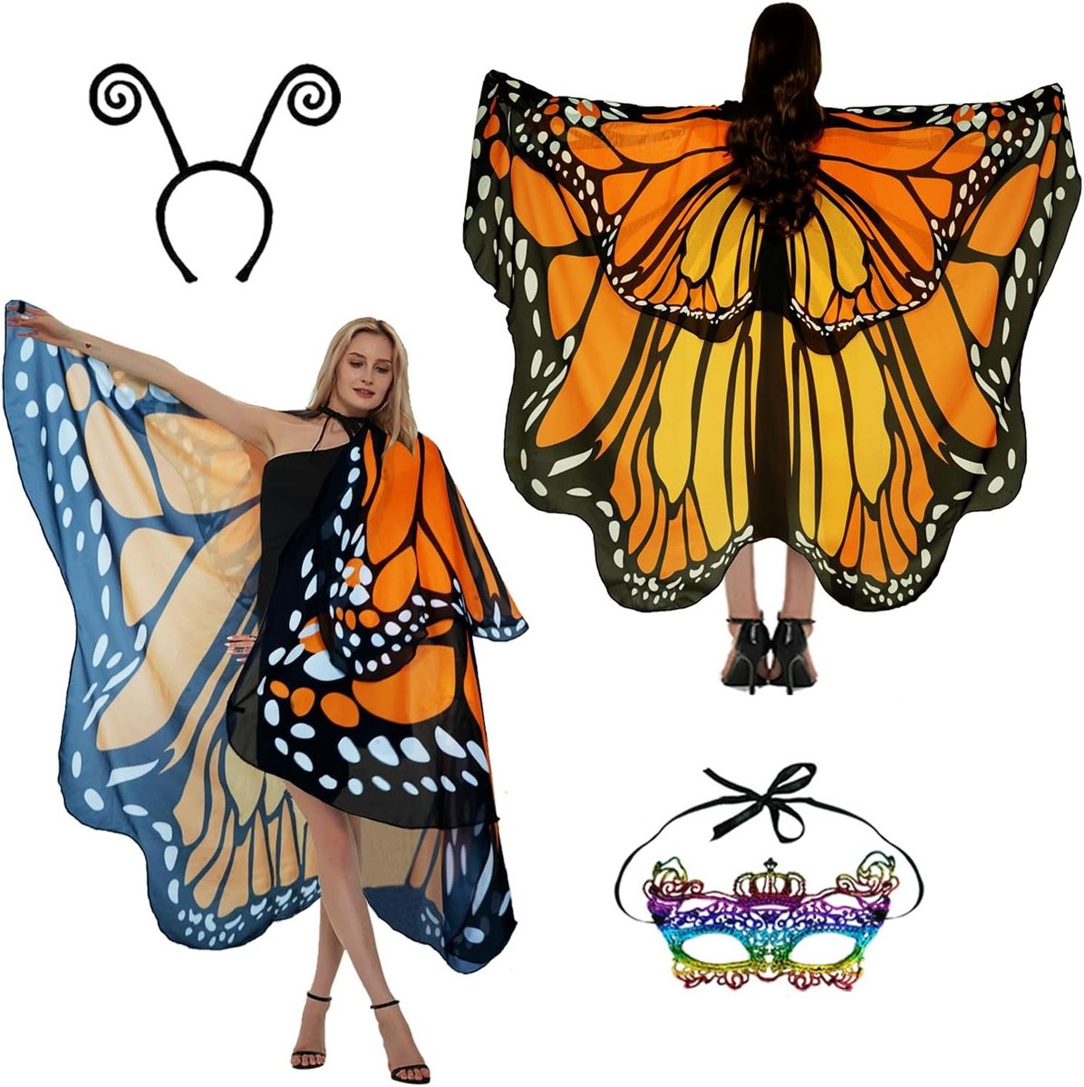 Vrouwelijk Vlinder Kostuum Set van 3 voor Halloween met Vleugels, Cape, Gezichtsmasker en Hoofdband met Kraag en Klittenbandsluiting