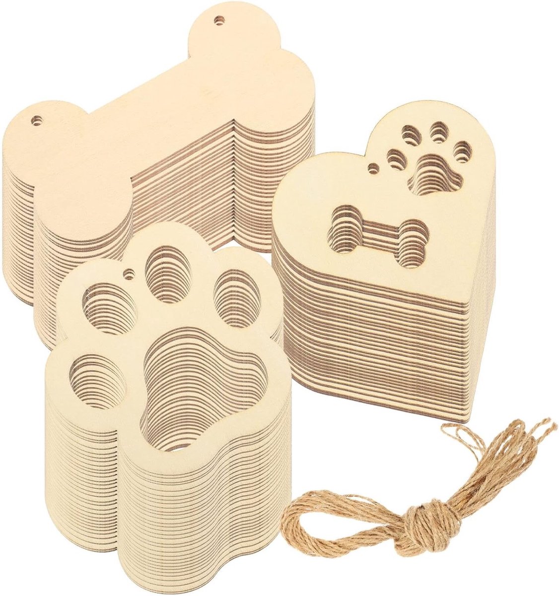 1 Set Hartvormige Houten DIY Knipstukken - Onbehandelde Houten Hondenspoor en Bot Ornamenten voor Schilderen en Ambachten, Perfect als Cadeau voor Huisdieren