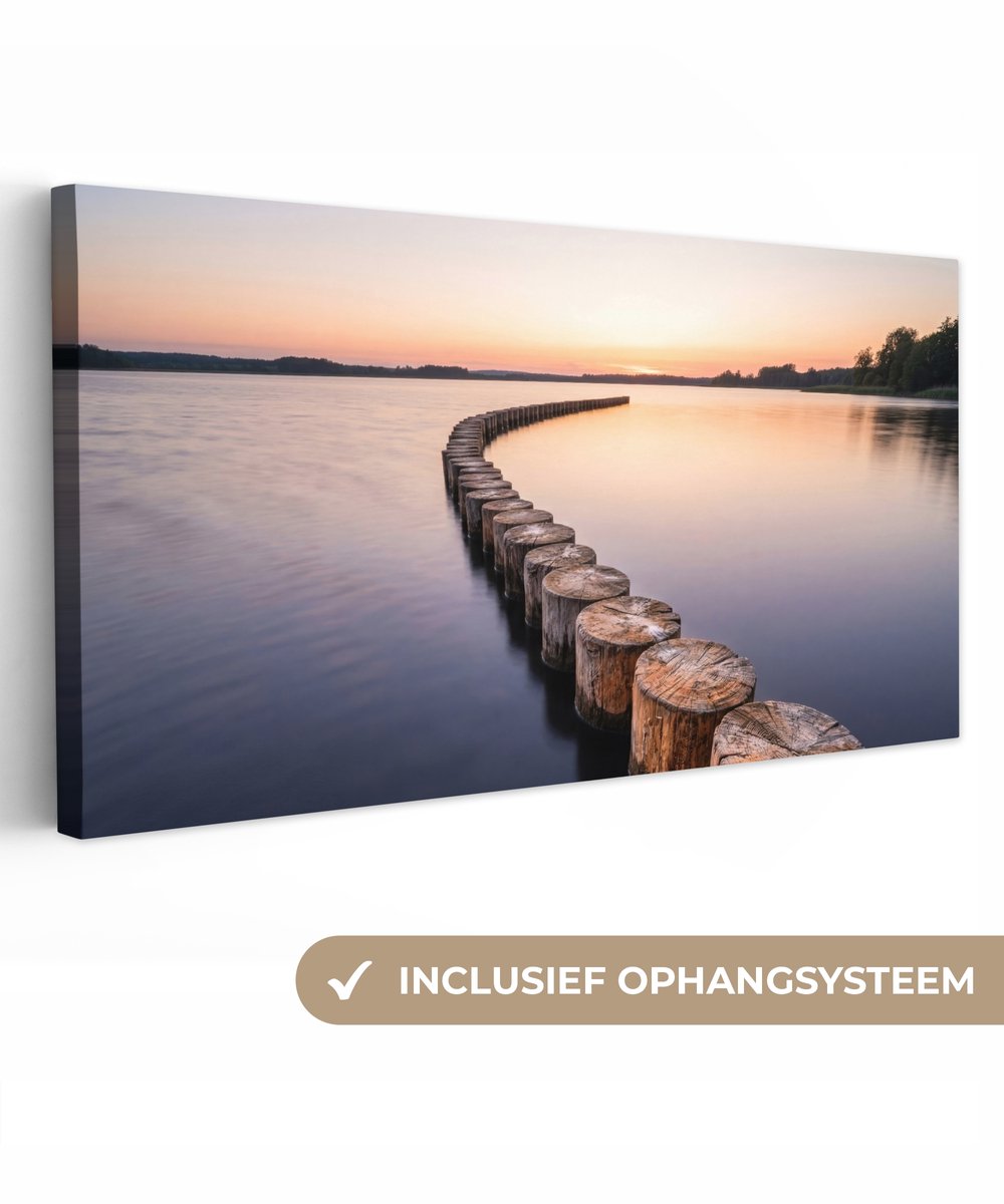 Canvas schilderij 80x40 cm - Exclusieve wanddecoratie Hout - Palen - Water - Muurdecoratie