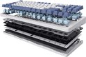 Gedetailleerde weergave van de gasket constructie van een toetsenbord, met witte en blauwe keycaps en blauwe switches.