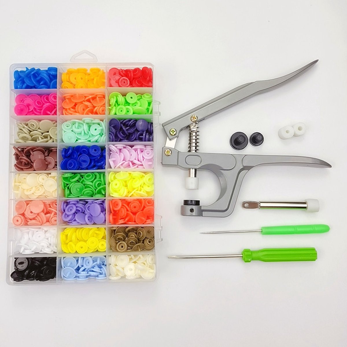 Een set van 360 plastic drukknopen, inclusief een tang, geschikt voor het naaien van kleding, slabbetjes en regenjassen, enz.