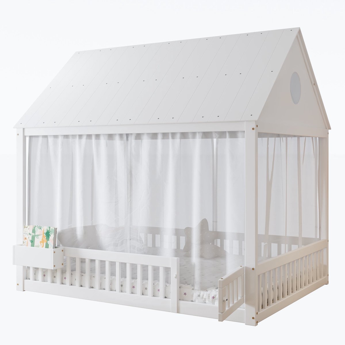 Merax Kinderbed 140x200 - Bed in Huisvorm - Kinderbed met Opbergruimte - Houten Lattenbodem - Wit