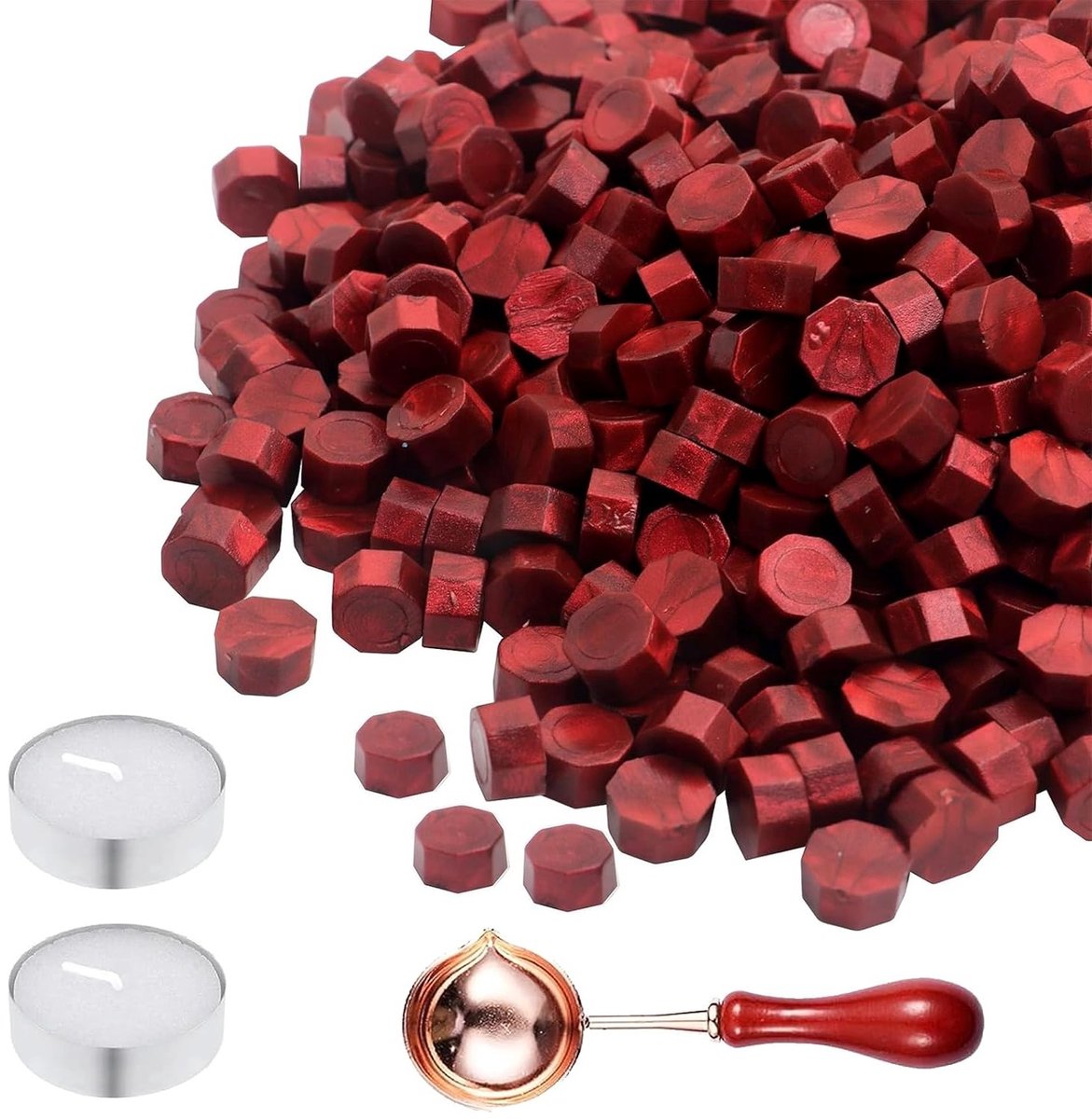 Complete Set van 400 Stukken Lijmwas met Stempel, Smeltlepel en Octagonale Wasbolletjes voor Briefstempels - Rood, Creatief en Uniek