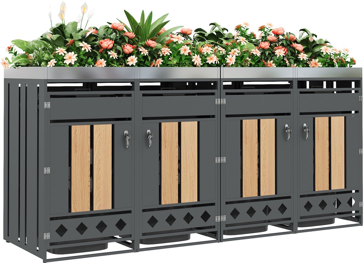 YYchan Kliko Ombouw - Containerombouw voor 4 Kliko's - Kliko Kast met Plantendak - Antraciet Houtlook - Unieke Ventilatie - Verticaal