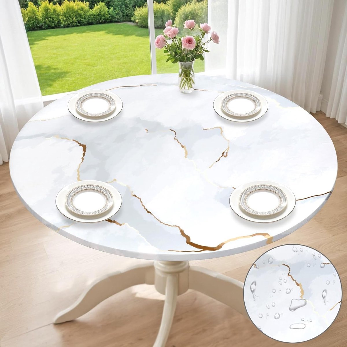Ronde Tafelkleed 120cm, Waterdicht en Elastisch, Witte Marmer Tafelbescherming voor Diner, Keuken, Feest en Kamperen