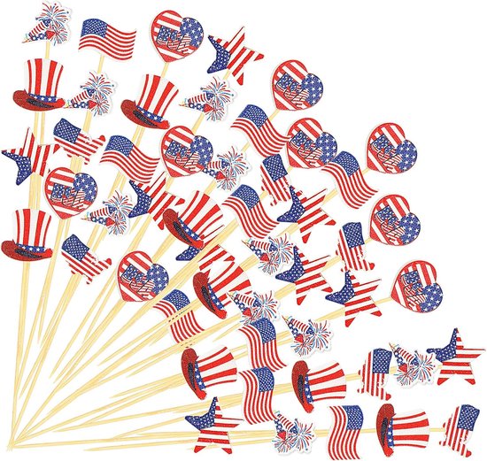 240pcs Independence Day Toothpick Flags - Americana Patriotic Cocktail Picks - USA Cupcake Cake Toppers - Heart Star Hat Card Cocktail Skewers voor Dranken - 4th of July Feestdecoratie - Feestartikelen Supplies