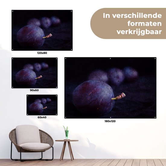 Mystérieuse photo de prunes violettes sur fond noir Affiche de jardin 180x120 cm - Toile de jardin / Toile d'extérieur / Peintures d'extérieur (décoration de jardin) XXL / Groot format!