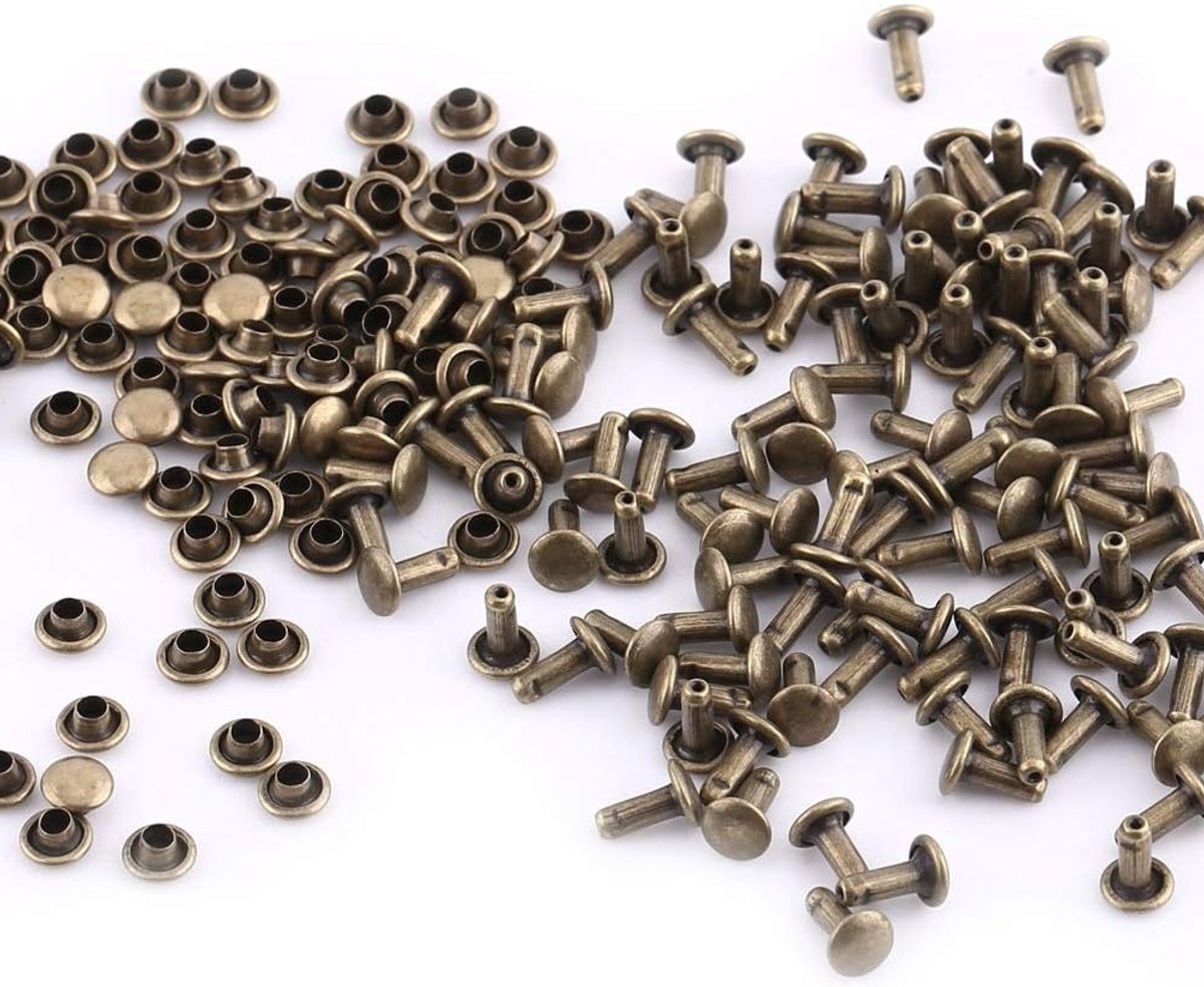 100 Stuks Dubbele Kapschroeven voor Leerbewerking - Metalen Studs voor Creatieve DIY Projecten en Reparaties in Antiek Brons