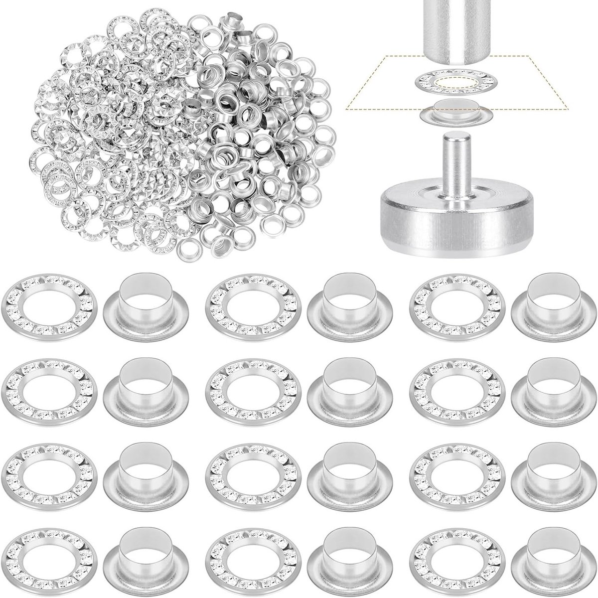 100 Stuks 6MM Grommet Eyelets met Witte Diamant Kit, Inclusief Setting Tool voor Leren, Kleding en DIY Projecten