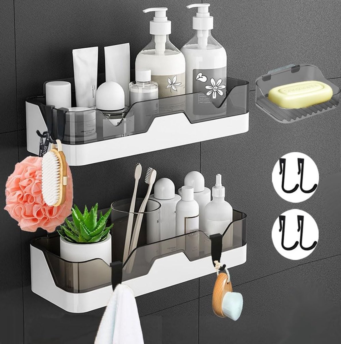 ONF3 - Doucheplank - Wandplank zonder boren - Ideaal voor badkamer - Set van 2 - Ruimtebesparende opslag - Lichtgewicht en praktisch