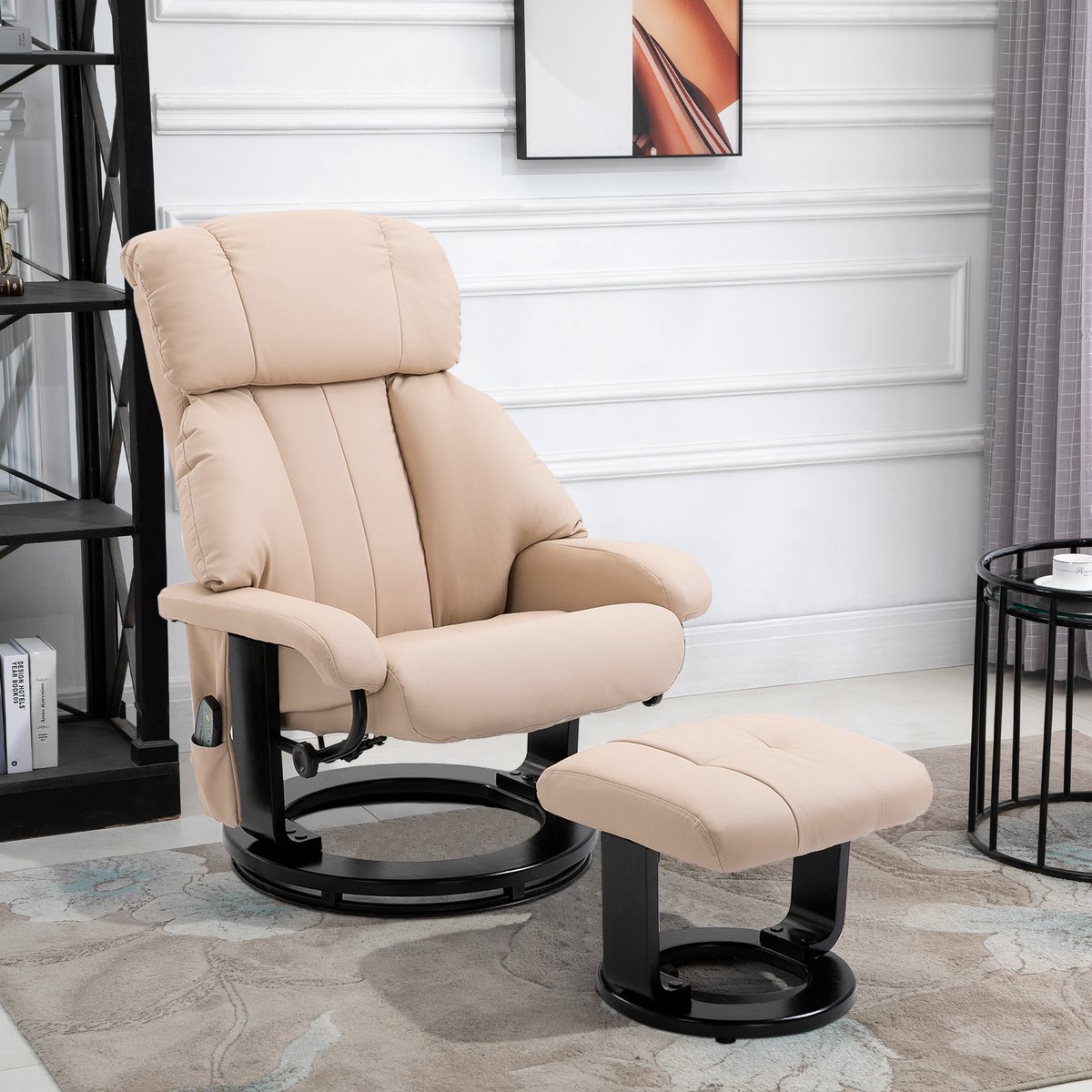 REDOM - Massagestoel Met Hocker - Verstelbare Rugleuning En 360° Draaibaar - Ergonomisch - Imitatieleer - Crèmewit