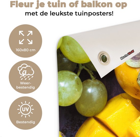 Tuinposter 160x80 cm - Tuindecoratie Fruit - Regenboog - Kleuren - Poster voor in de tuin - Buiten decoratie - Schutting tuinschilderij - Tuindoek muurdecoratie - Wanddecoratie balkondoek