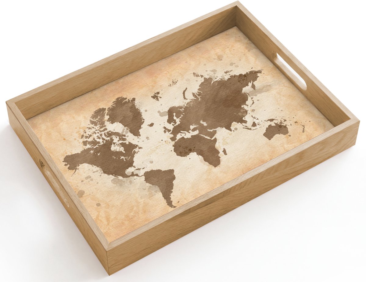 Dienblad hout 40x30 cm - Schootdienblad - Wereldkaart - Beige - Bruin - Borrelplank rechthoek - Plateau dienbladen