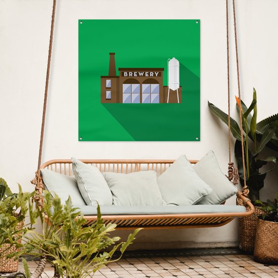 Tuinposter 100x100 cm - Tuindecoratie Illustratie bierbrouwerij op groene achtergrond - Poster voor in de tuin - Buiten decoratie - Schutting tuinschilderij - Tuindoek muurdecoratie - Wanddecoratie balkondoek
