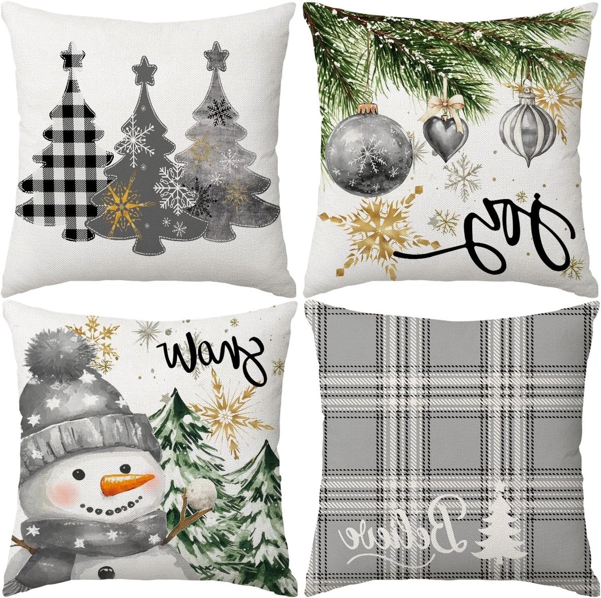 Decoratieve Kerstkussens 45 x 45 cm, Set van 4 met Boerderijthema, Ruitpatroon en Sneeuwman voor de Bank
