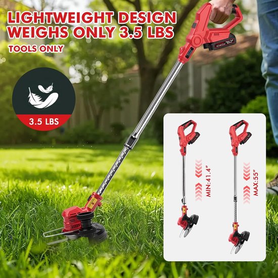 Accu Grastrimmer - Elektrische Trimmer - Gazon Onderhoud - Borstelmotor 750W - 20cm Snijbreedte - Rood — afbeelding 4