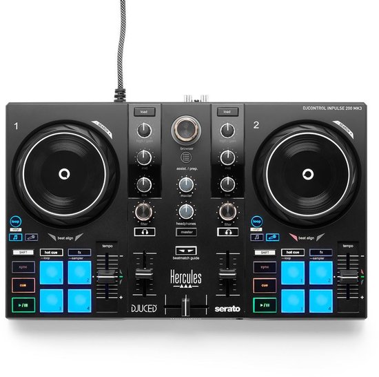 DJControl Inpulse 200 MK3 controller met verlichte pads, jogwheels en knoppen. DJUCED en Serato logo's.
