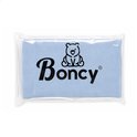 Een hemelsblauwe brillenkoker met het logo 'Boncy' in een plastic verpakking.