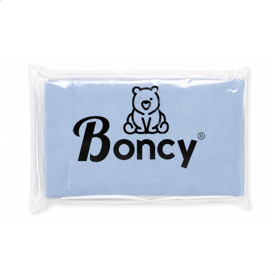 Een hemelsblauwe brillenkoker met het logo 'Boncy' in een plastic verpakking.